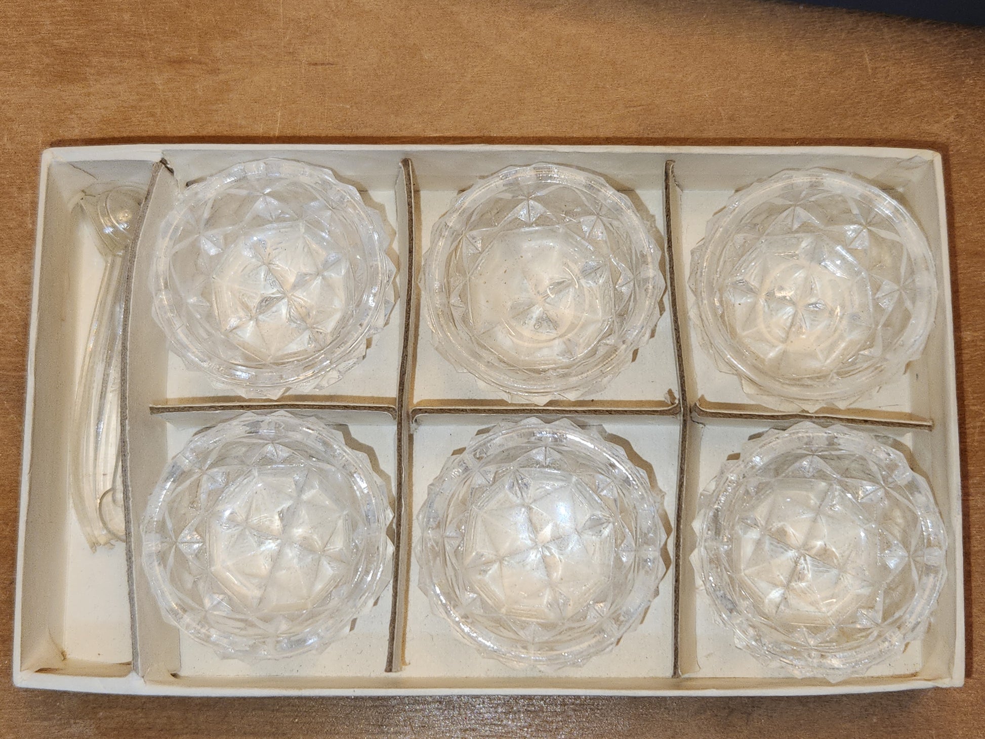 Vintage Pressed Glass Salt Cellars with Plastic Spoons Set of 6 in Original Box Made In Japan ss9
