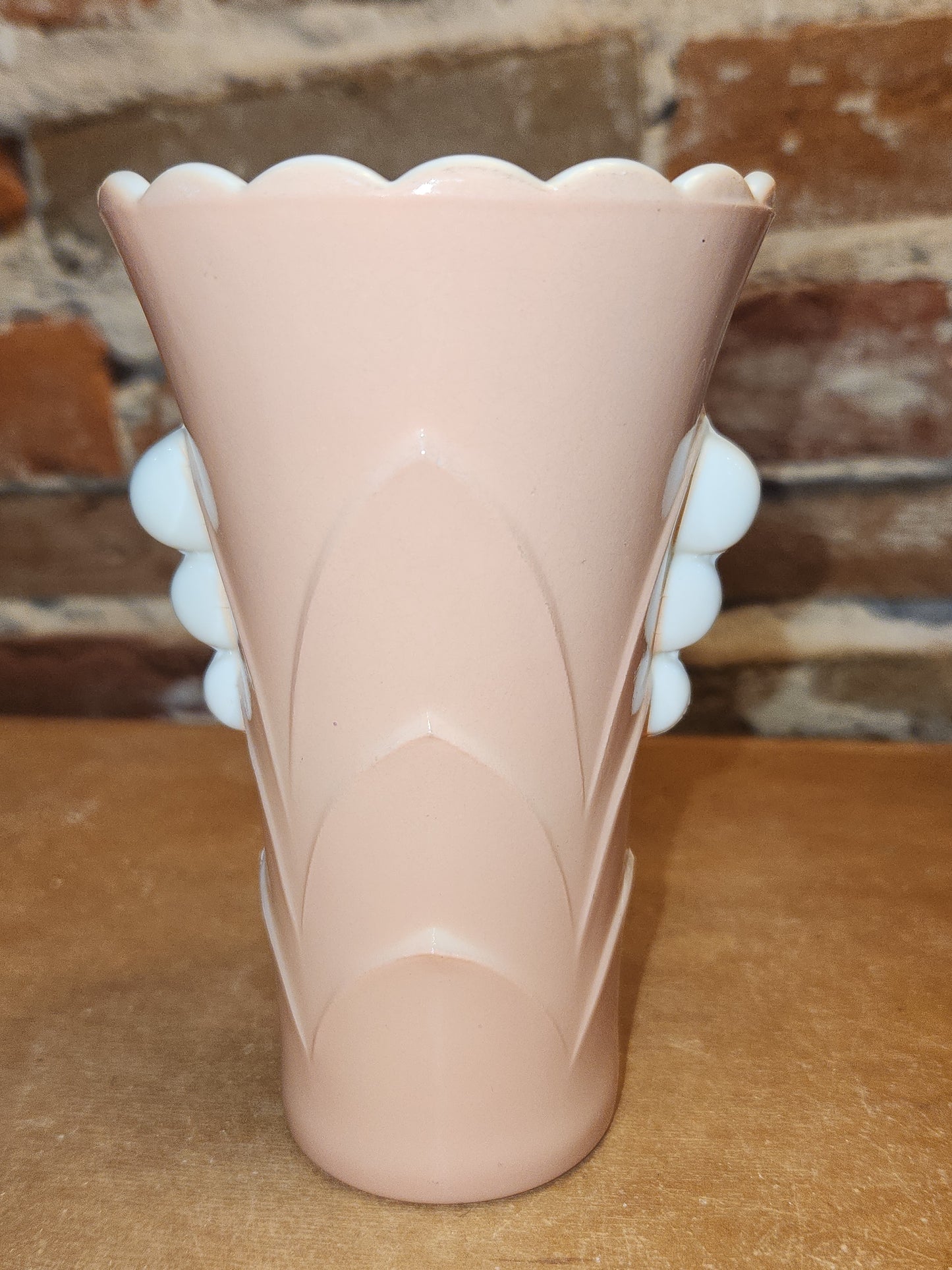 Vintage Vitrock Uranium Glass Vase Peach and White Scalloped Edges Beaded Handles Art Deco Vase GLOWS GREEN gl90