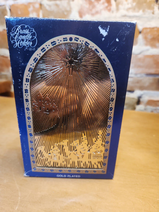 Vintage Gold Plated Brass Candle Holder Nativity Wisemen in Orginal Box No Makers Name Seen N65