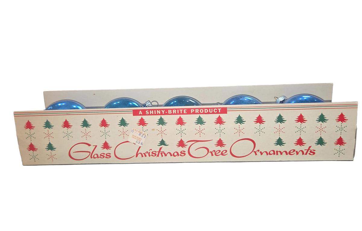 Vintage Shiny Brite Glass Christmas Ornaments Five 3" Blue Shades in Fanci-Pak Box As Is sb9