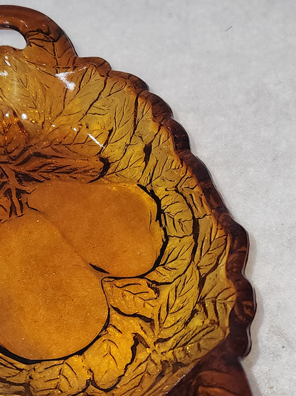 Vintage Oblong Amber Glass Pear & Leaves Serving Dish