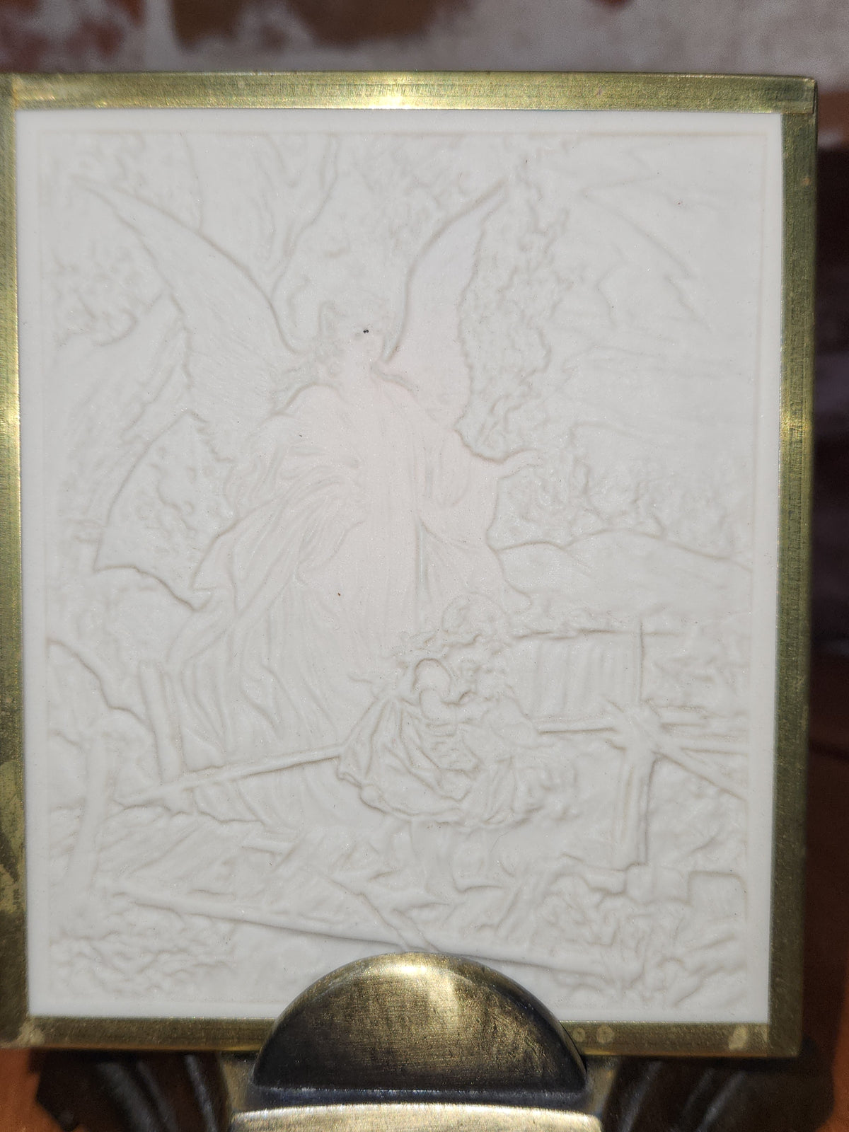 Vintage Fan-shaped Cast Metal Nightlight Holding Porcelain Lithophane "Guardian Angel at the Bridge" nl6