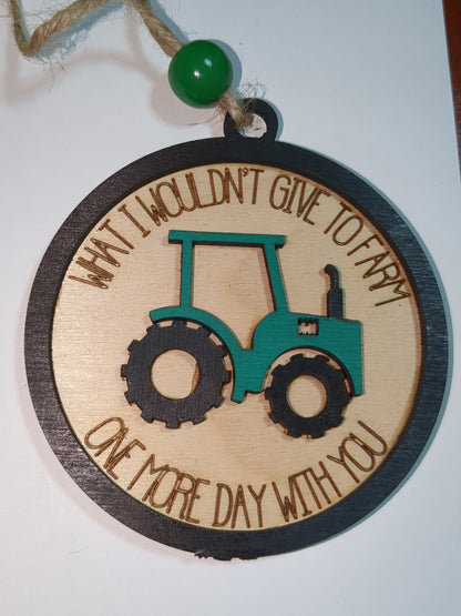 Ornament or car charm memorial memorial with green tractor