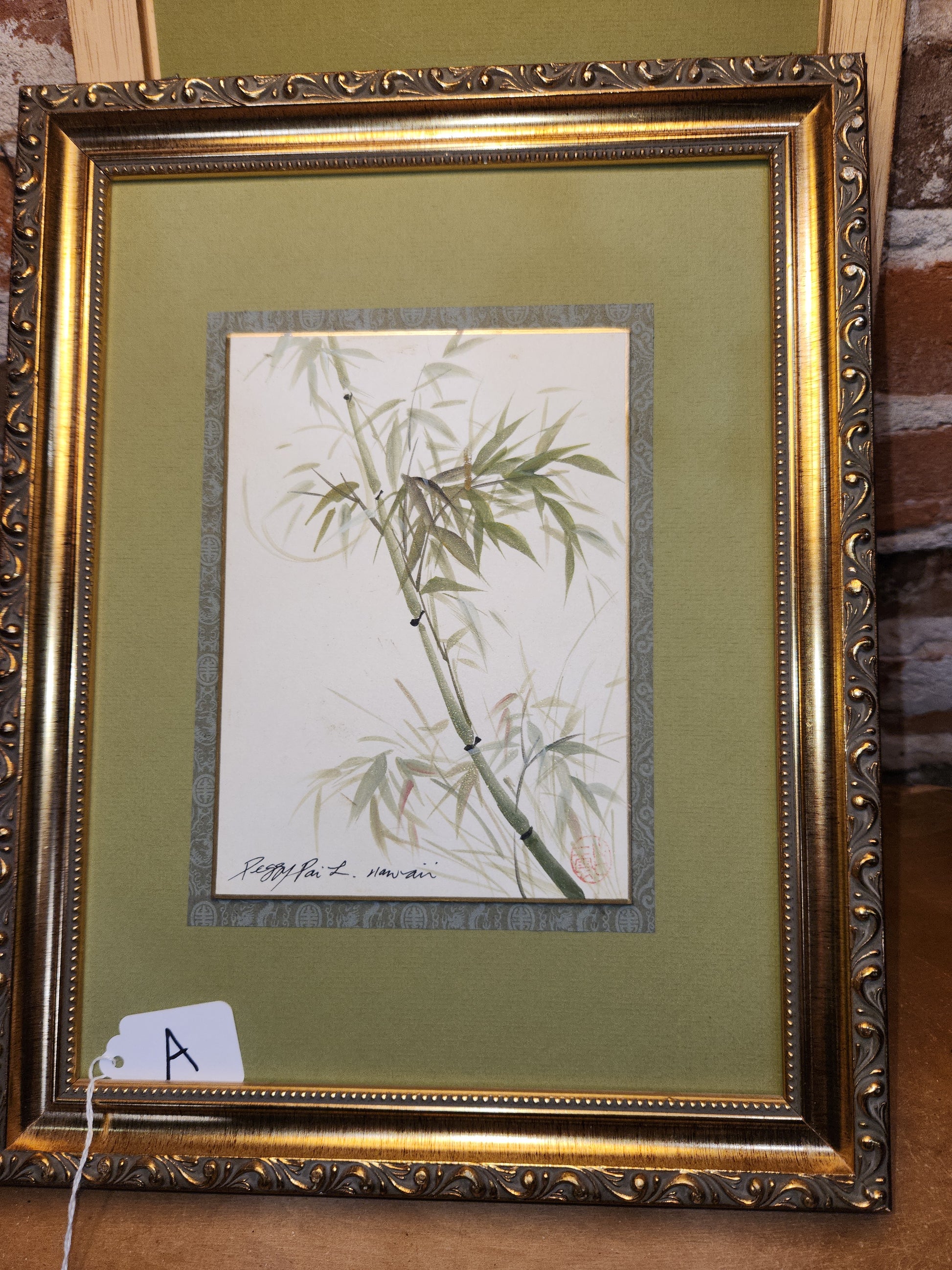 Vintage Peggy Pai Laughlin Framed Mixed Medium Painting A Hawaii Bamboo Dedicated by Artist 9 x 12 Frame