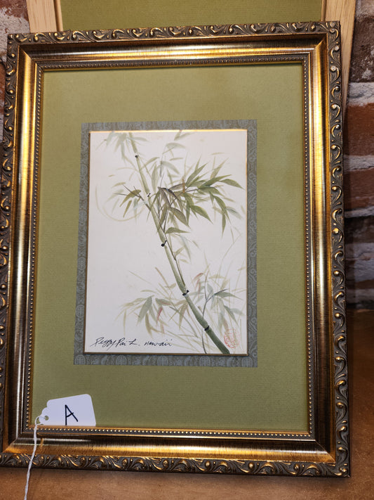 Vintage Peggy Pai Laughlin Framed Mixed Medium Painting A Hawaii Bamboo Dedicated by Artist 9 x 12 Frame