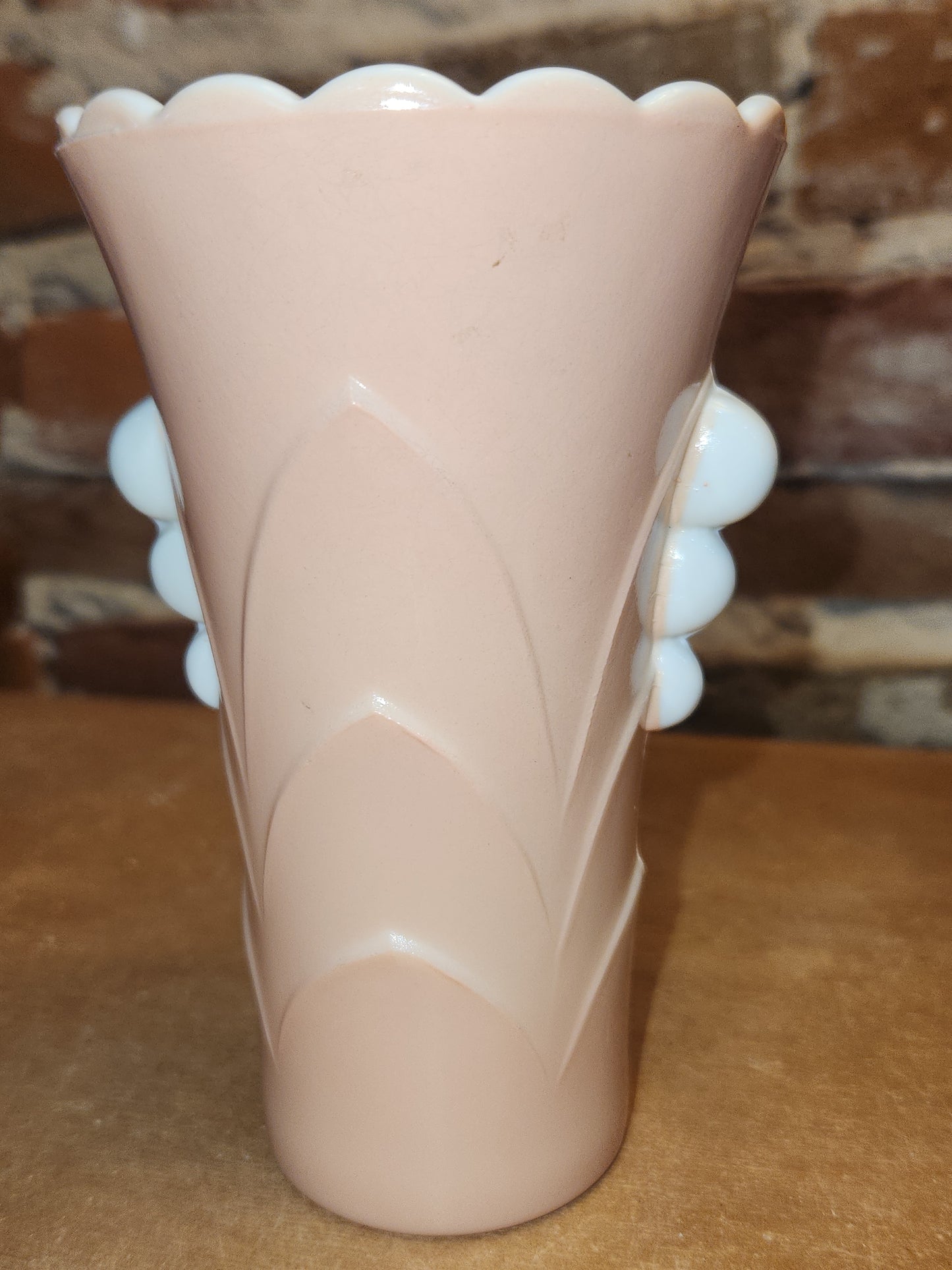 Vintage Vitrock Uranium Glass Vase Peach and White Scalloped Edges Beaded Handles Art Deco Vase GLOWS GREEN gl90