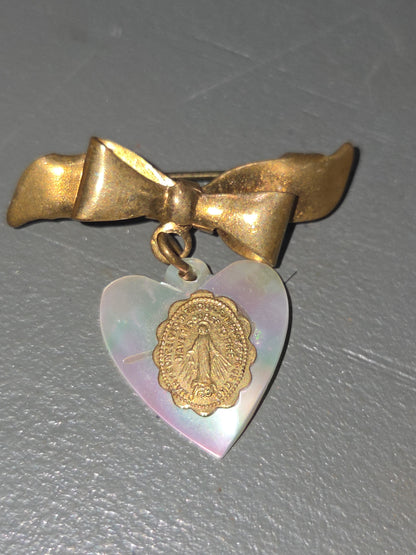 Vintage Pin Miraculous Medal Heart Mother of Pearl