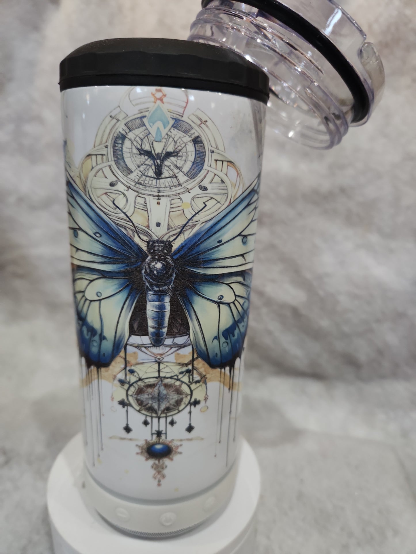 17 Oz Stainless Steel Insulated Tumbler with can cooler Top & Tumbler Top With White, Rechargeable, Removeable Speaker. Butterfly stb6