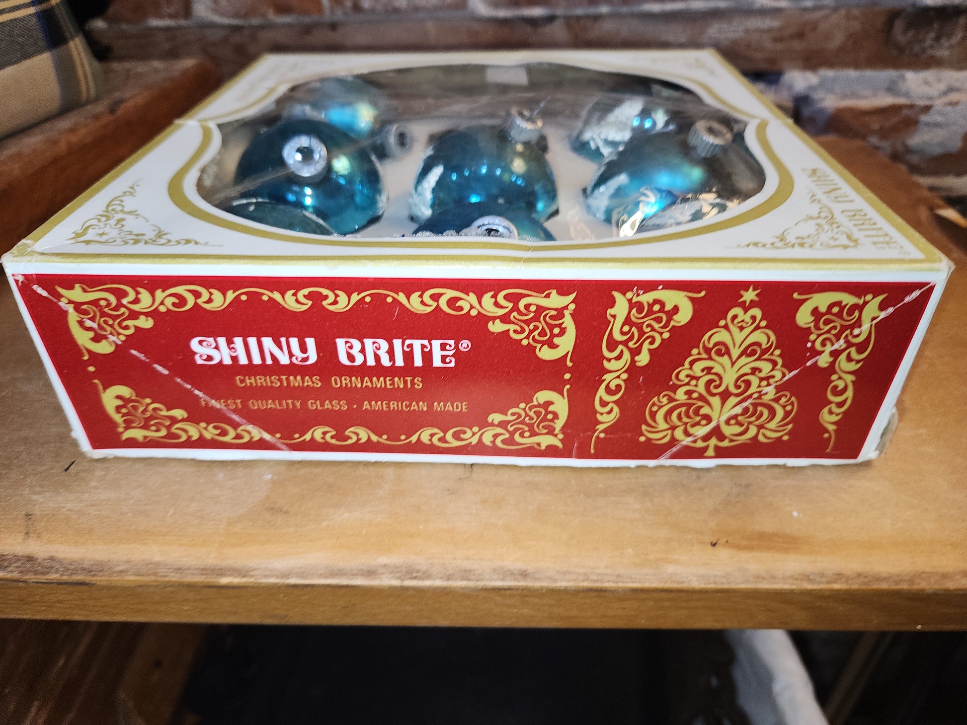 Vintage Shiny Brite 2" Turqoise Ornaments with Venetian dew and Box. Incomplete set. 8 Ornaments AS IS bo86