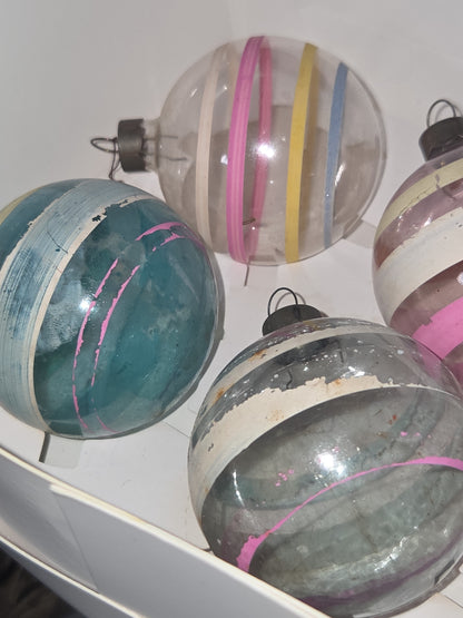 Vintage 2 1/4" Unsilvered Transparent and Blue Glass Ornament WWII Era 1940s Unmatched Set of 4 with Stripes AS IS vo123