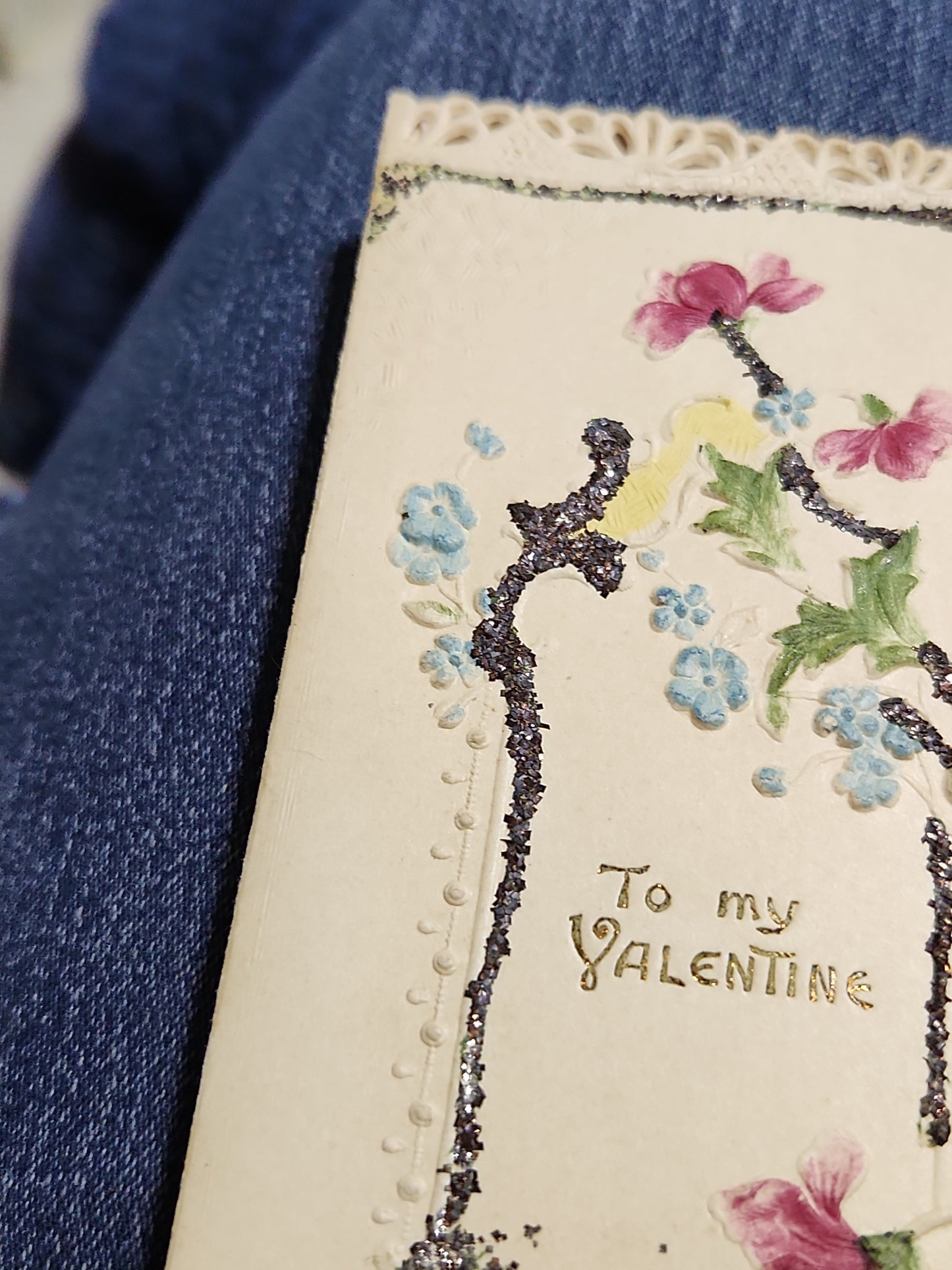Antique Valentine Card Embossed, Mica, Flowers, To my Valentine pc4