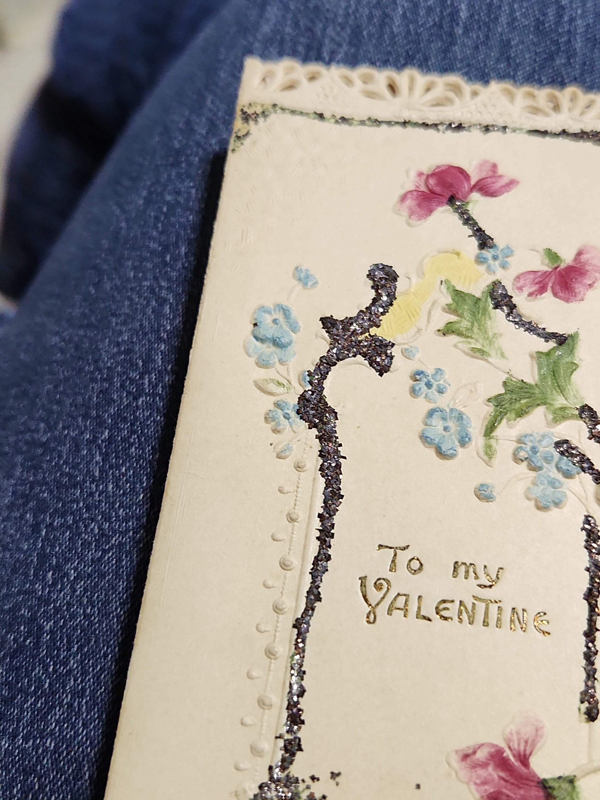 Antique Valentine Card Embossed, Mica, Flowers, To my Valentine pc4