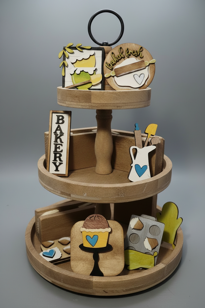 Tier Tray Decorations Handcrafted Bakery, cake, rolling pin, Bowls, cupcakes ttb1