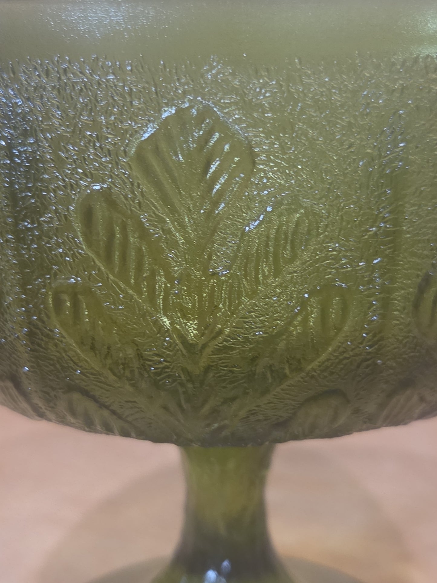 Vintage Vase FTD 1978 Green Glass Goblet Vase with Pedestal Floral Arranging Leaf Pattern Pl78