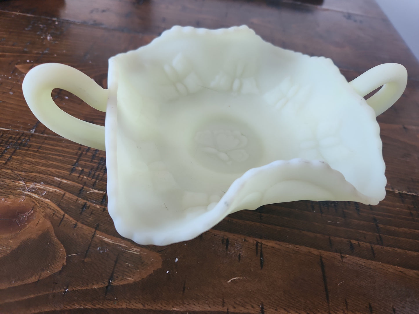 Fenton Vaseline Uranium Satin Handled Butterfly Ruffled Dish Candy Trinket GLOWS ug7