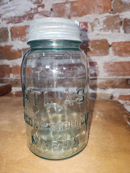 Vintage Atlas Strong Shoulder Cornflower Aqua Blue Quart Jar and Atlas Lid jar90