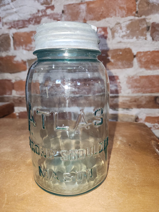 Vintage Atlas Strong Shoulder Cornflower Aqua Blue Quart Jar and Atlas Lid jar90