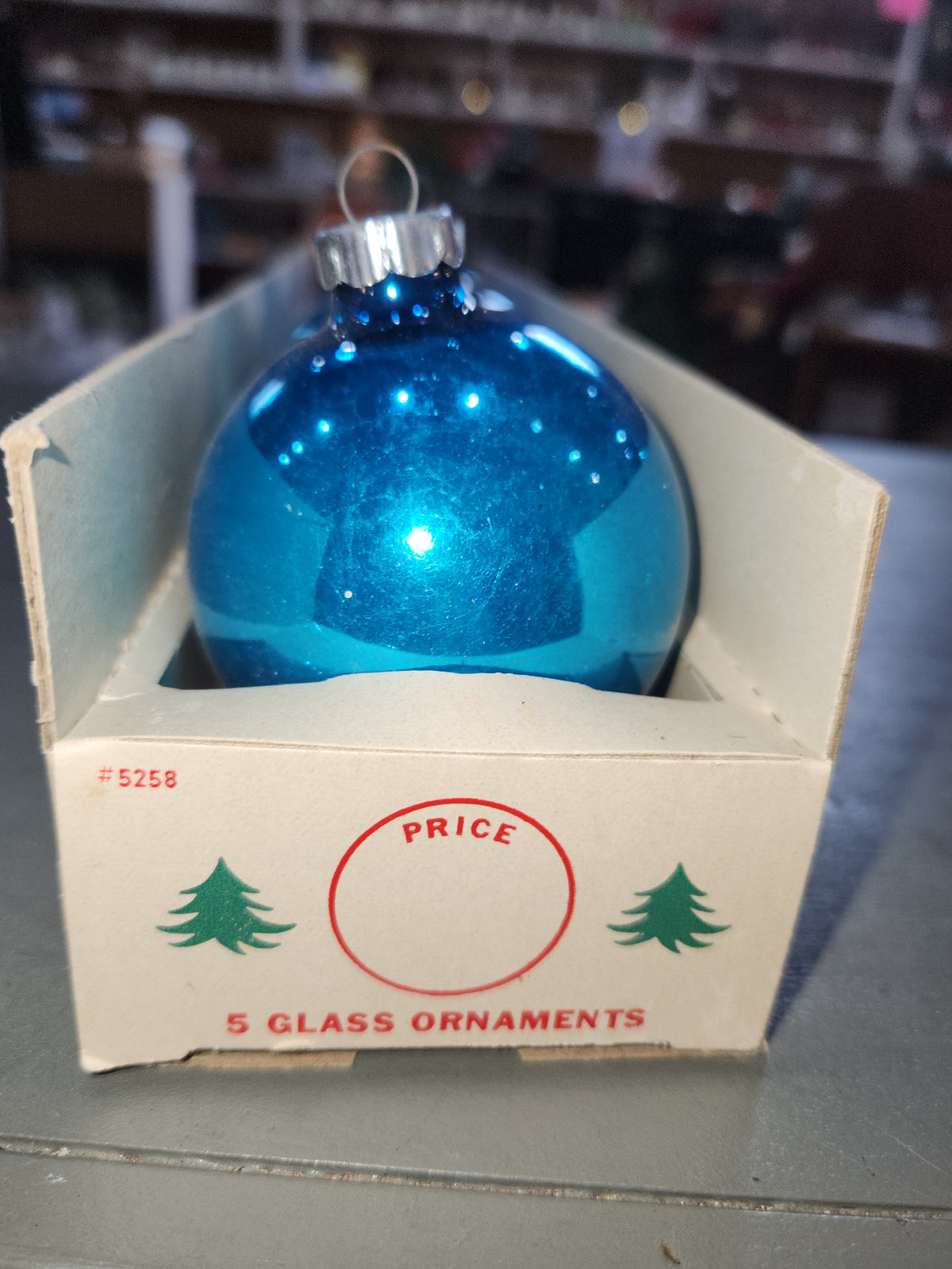Vintage Shiny Brite Glass Christmas Ornaments Five 3" Varying Blue Shades in Fanci-Pak Box As Is sb15