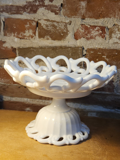 Vintage Fostoria Milk Glass Compost Pedestal Footed Fruit Bowl Monroe Pattern Lace-edge Loop and Open Loop mg12