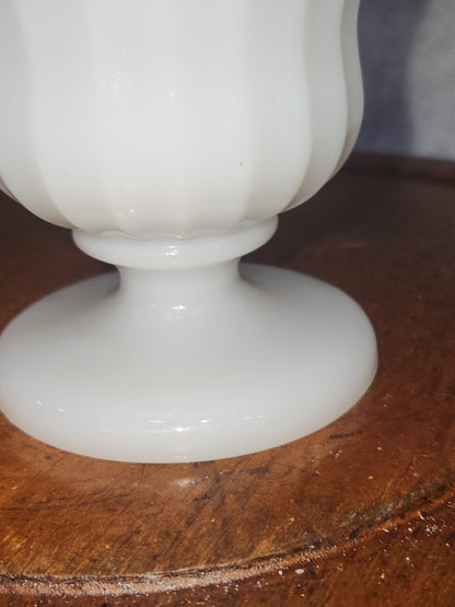 Vintage Milk Glass Ribbed, flutted Scalloped edge compote dish on pedestal candy planter dessert mg56