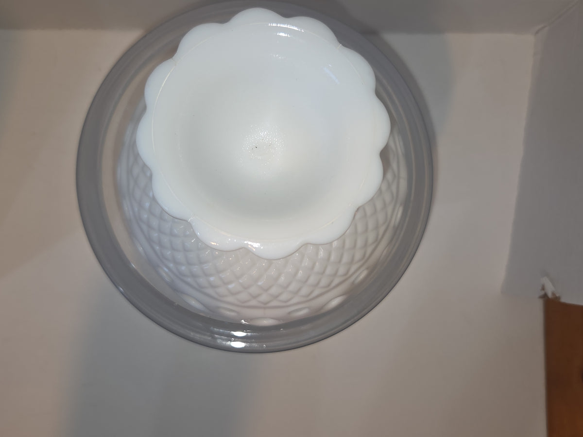 Vintage Imperial Glass White Milk Glass Footed Compote Open Laced Edge Crochet Edge and Diamond Point Pattern mg101