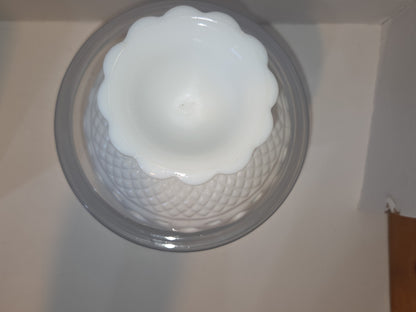 Vintage Imperial Glass White Milk Glass Footed Compote Open Laced Edge Crochet Edge and Diamond Point Pattern mg101