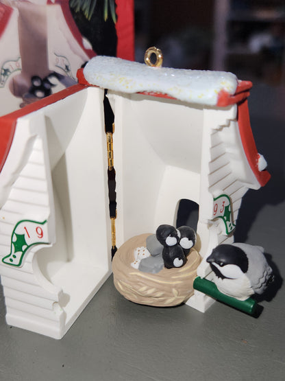 Three Vintage Hallmark Keepsake Ornaments 1986 Treetop Trio  1993 Peep Inside Birdhouse  1992 Egg Nog Nest