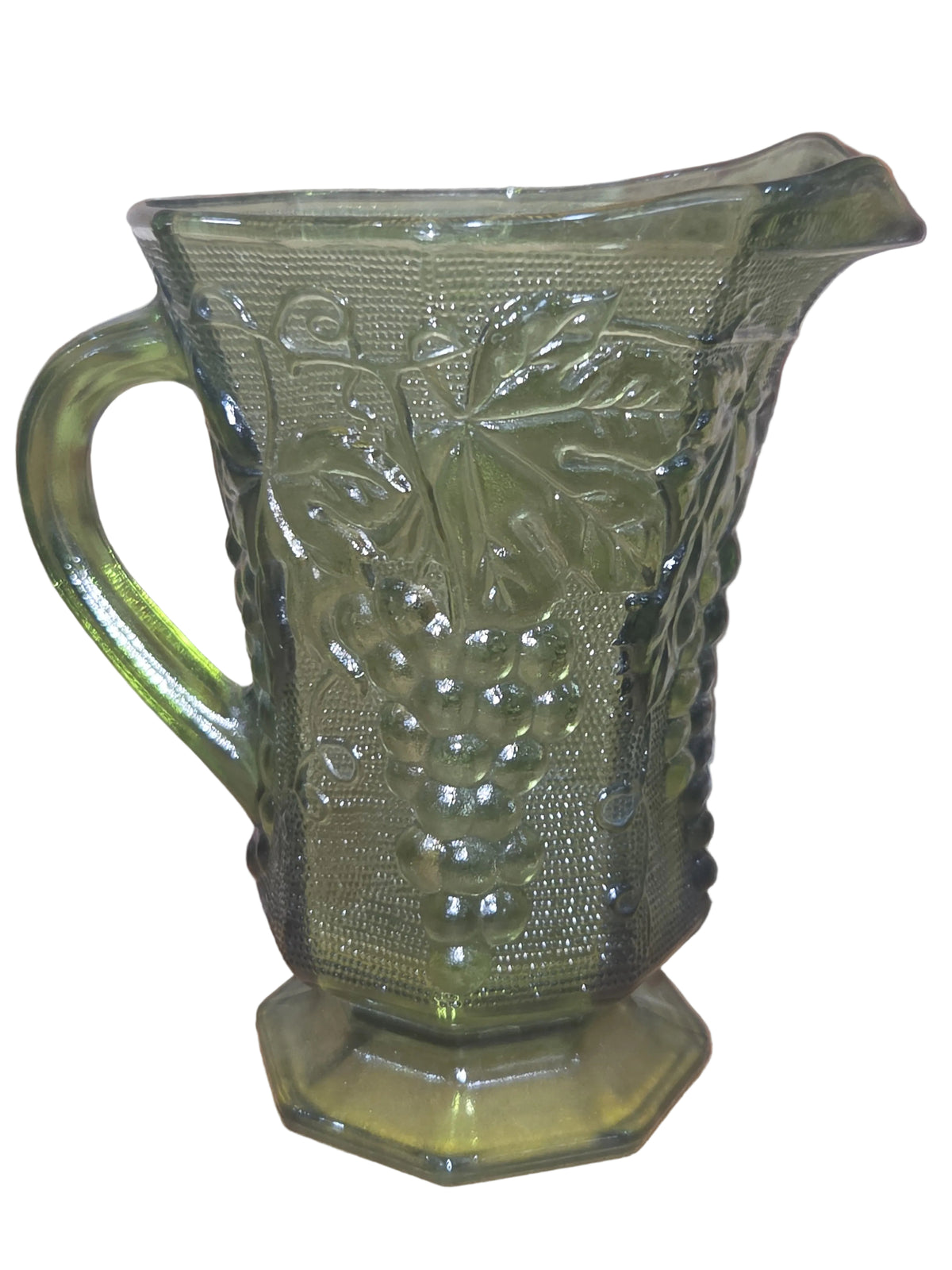Vintage Anchor Hocking Green Glass Pitcher Embossed Grapes & Vine Leaves vp7