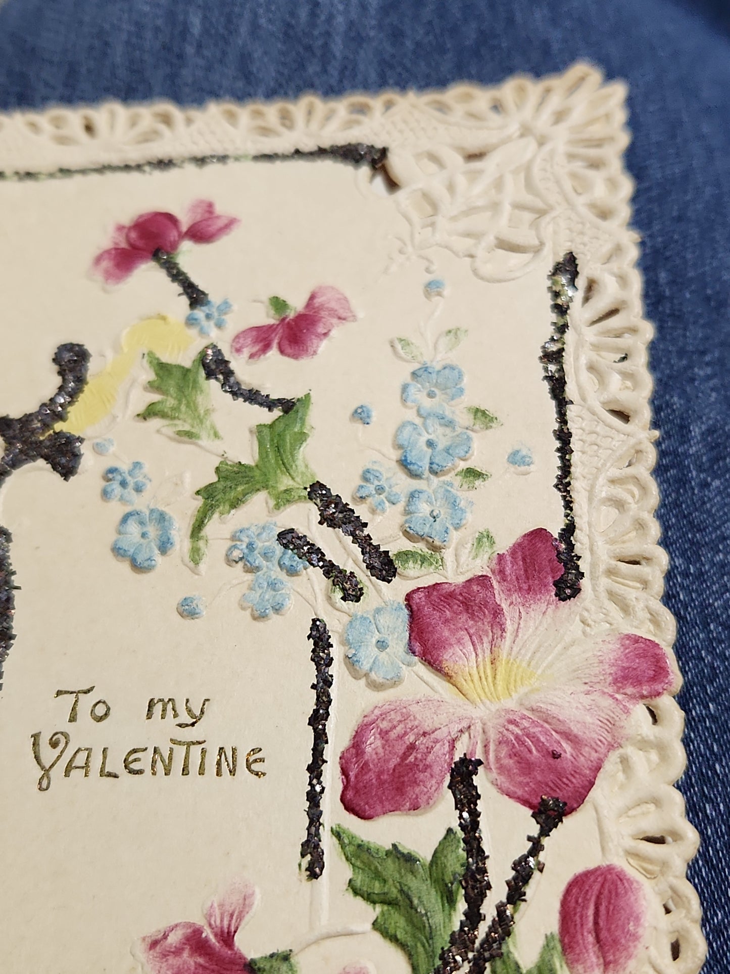 Antique Valentine Card Embossed, Mica, Flowers, To my Valentine pc4