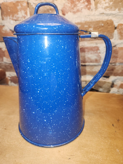 Vintage Enamelware Graniteware Coffee Pot with Lid Blue White Specks ew12