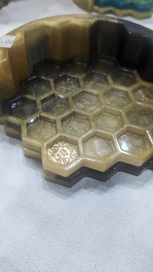 Coaster Set of 4 with Holder Black and Gold Honeycomb and Bees Handmade Unique Gift cs13