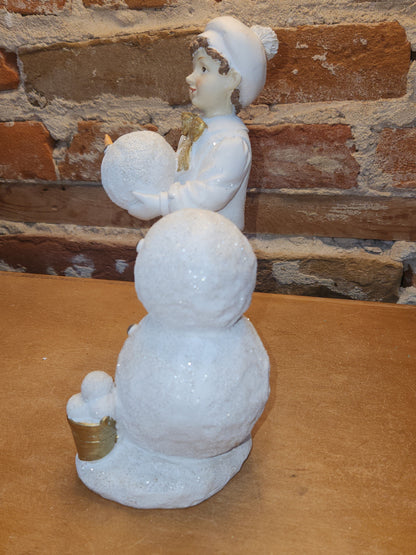 Kid Building Snowman Figurine Resin White Gold sm11
