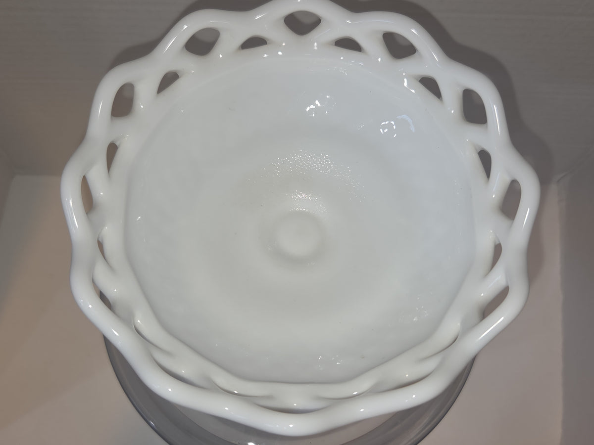 Vintage Imperial Glass White Milk Glass Footed Compote Open Laced Edge Crochet Edge and Diamond Point Pattern mg101