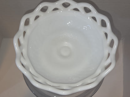 Vintage Imperial Glass White Milk Glass Footed Compote Open Laced Edge Crochet Edge and Diamond Point Pattern mg101