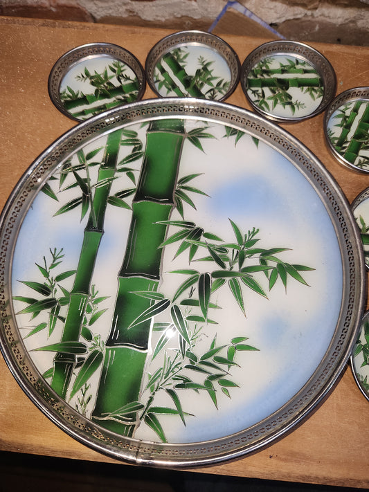 Vintage BP Glass and Stainless Tray & 6 Coaster Set with Bamboo Design Made in Japan MCM AS IS tr1