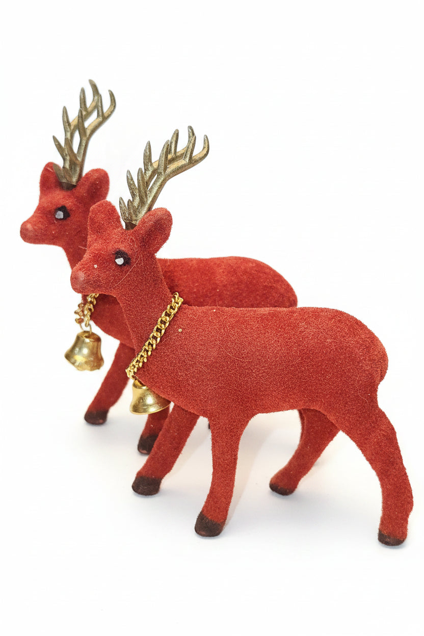 Vintage Red Flocked Deer Reindeer Set of 2 vd8