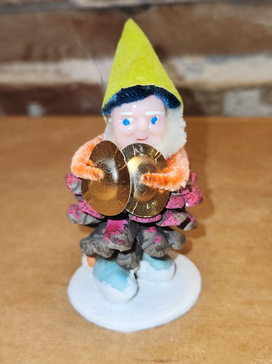 Vintage Pinecone Elf Gnome Dwarf Ornament in Band Playing Cymbals Chenille Plastic Face Mica Japan elf51