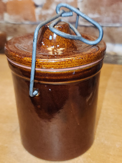 Vintage Brown Pottery Crock Lid and Metal Bail pot52