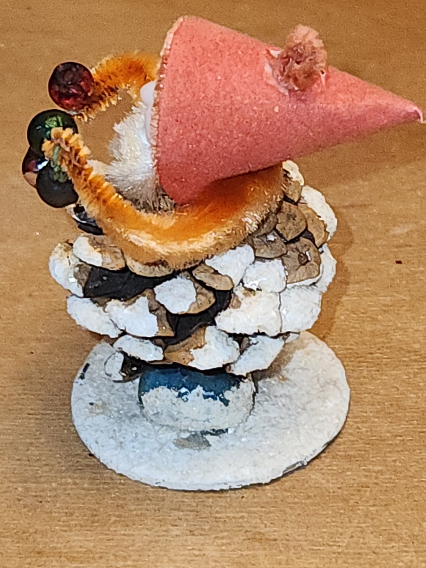 Vintage Pinecone Elf Gnome Dwarf with Maracas Band Ornament Chenille Plastic Face Mica Putz elf21