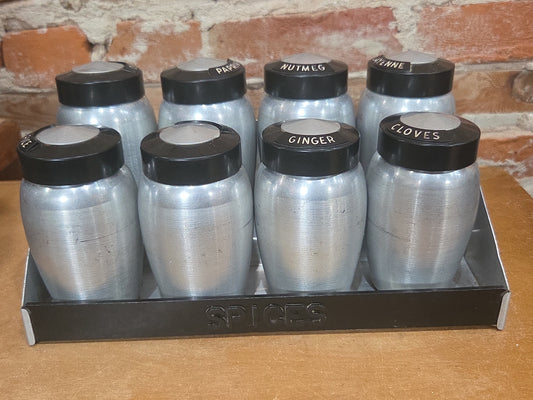 Kromex Vintage Aluminum Spice Set of 8 and Rack alu003