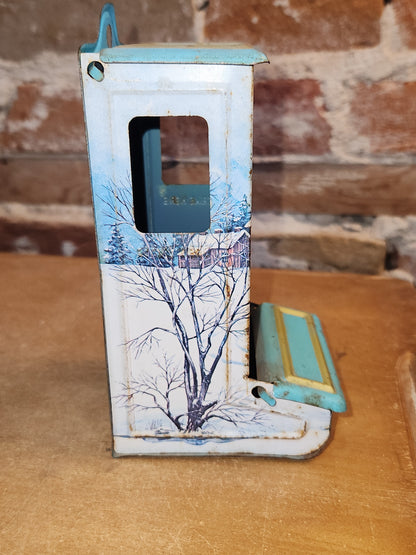 Vintage Jasco Metal Tin Matchbox Holder Wall Mount with Snowy Barn Scene mb89