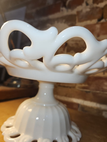 Vintage Fostoria Milk Glass Compost Pedestal Footed Fruit Bowl Monroe Pattern Lace-edge Loop and Open Loop mg12
