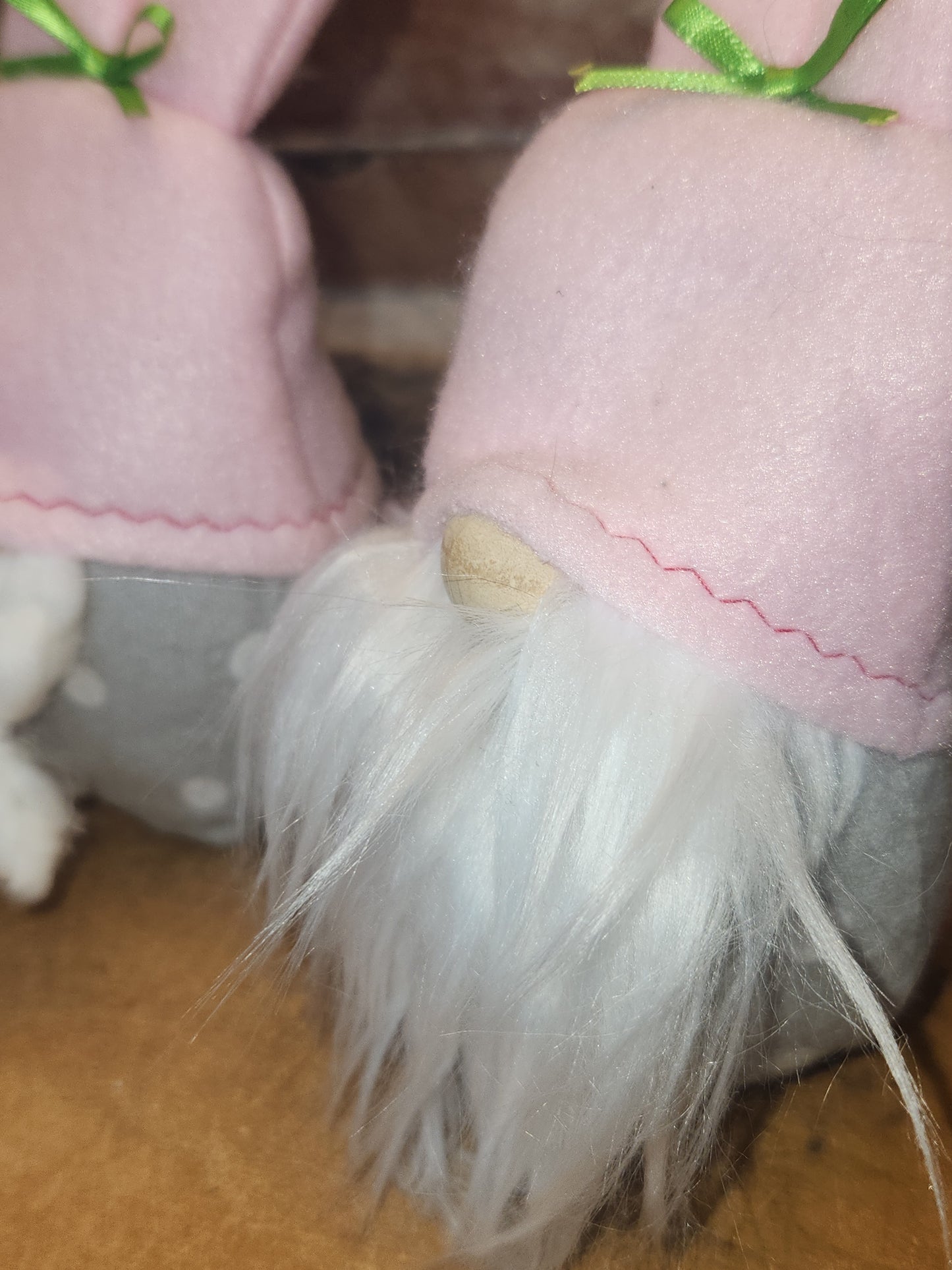 Set of Two 7” Gnomes with Grey Dotted Body, White Beard Pink Bunny Hat gn4