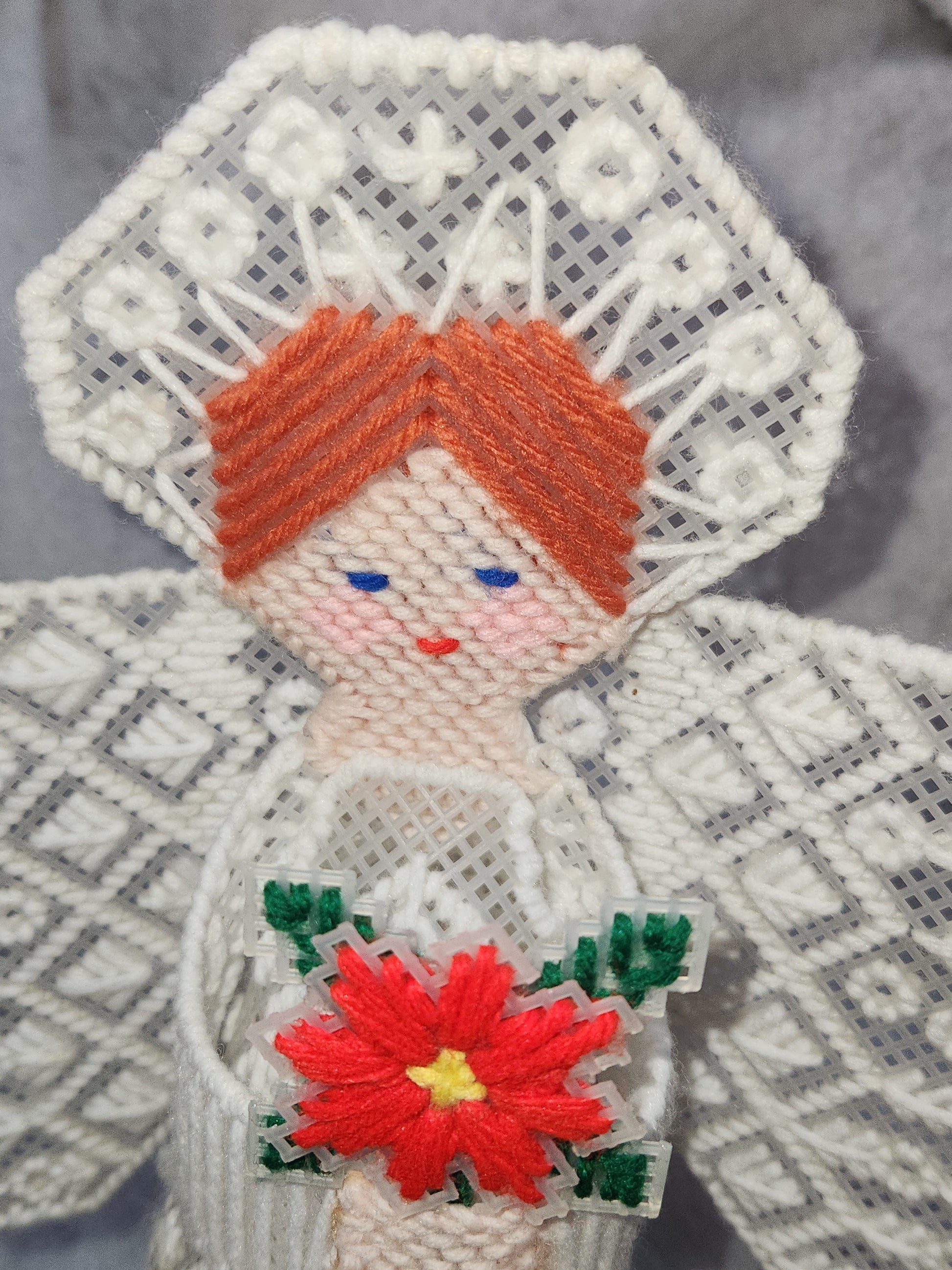 Vintage Handmade Canvas Angel Tree Topper Poinsettia ch787