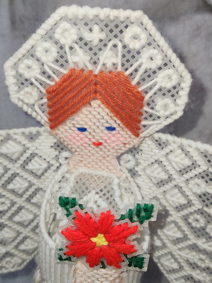 Vintage Handmade Canvas Angel Tree Topper Poinsettia ch787