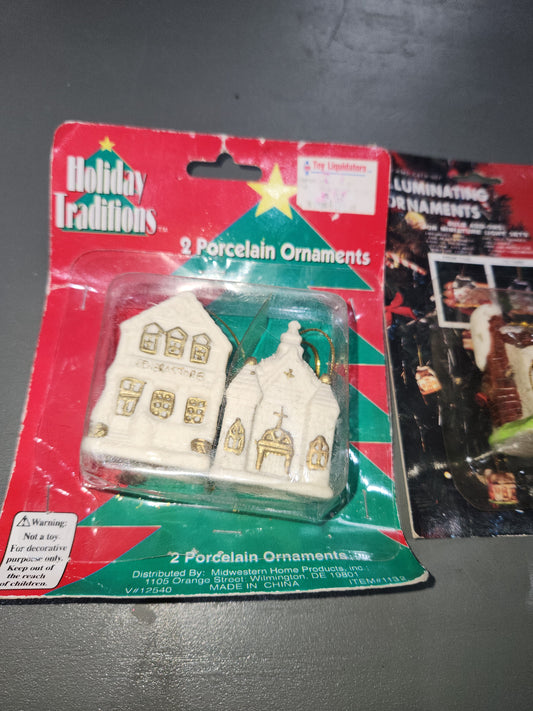Vintage Holiday Traditions Porcelain House Christmas Ornaments set of 2 NIP and 1 NIP