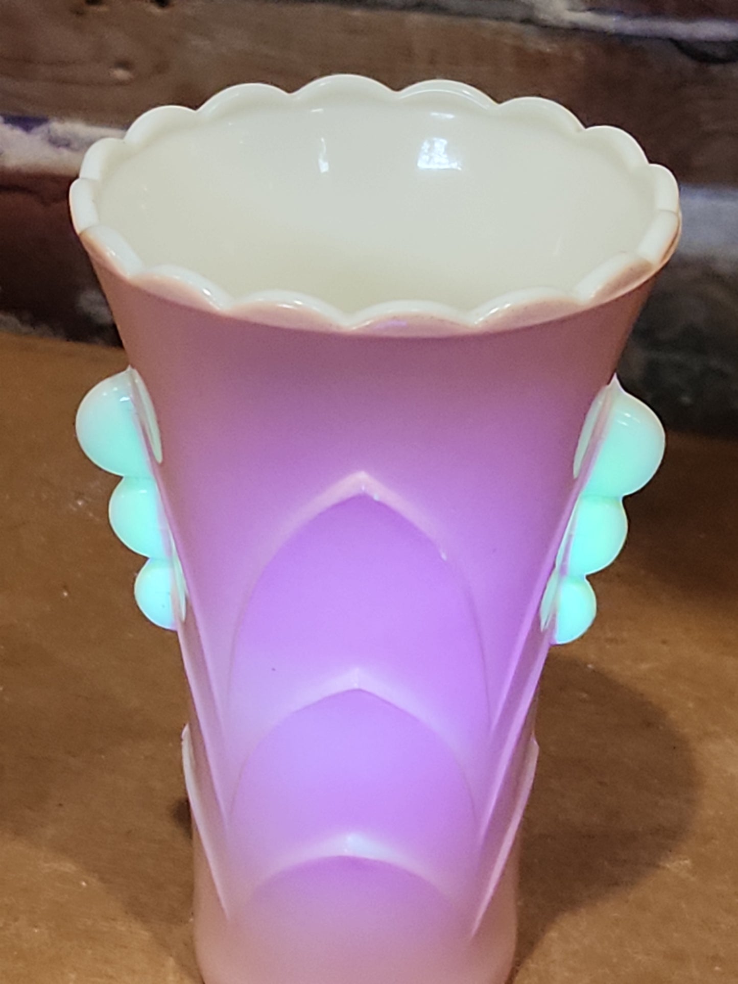 Vintage Vitrock Uranium Glass Vase Peach and White Scalloped Edges Beaded Handles Art Deco Vase GLOWS GREEN gl90