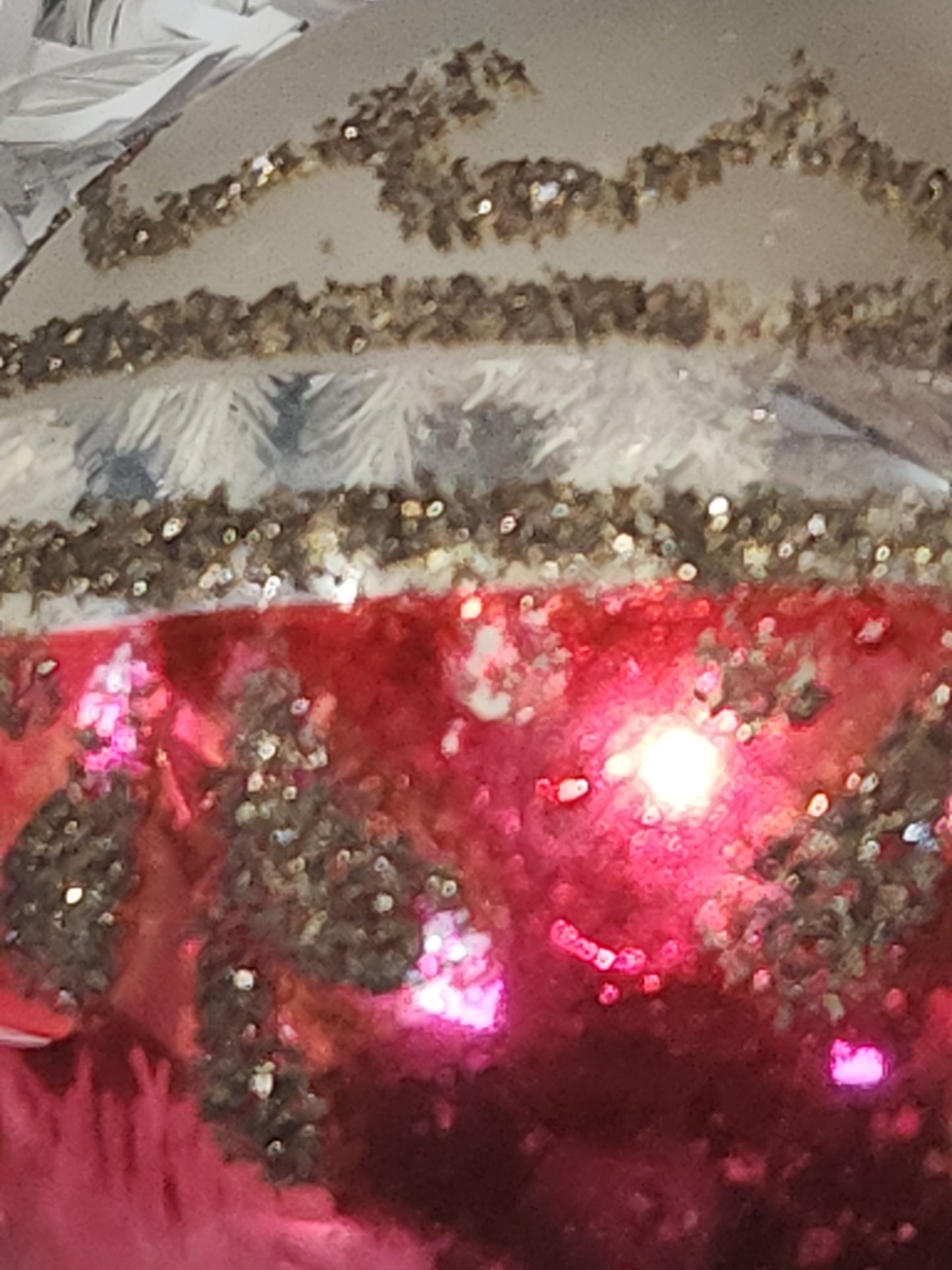Vintage Mercury Glass Christmas Ornament Silver Pink and Black Mica Scroll GLOWS vo15