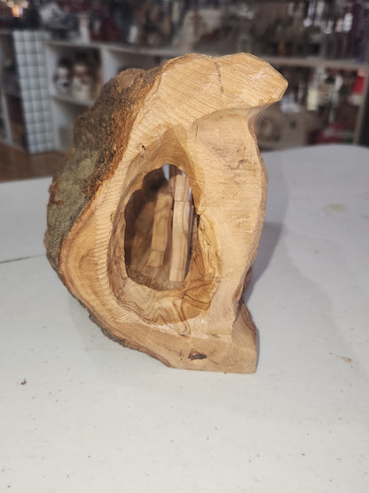 Nativity Medium Grotto Carved in Olive Wood Branch Made in Bethlehem 4" x 8" n2a