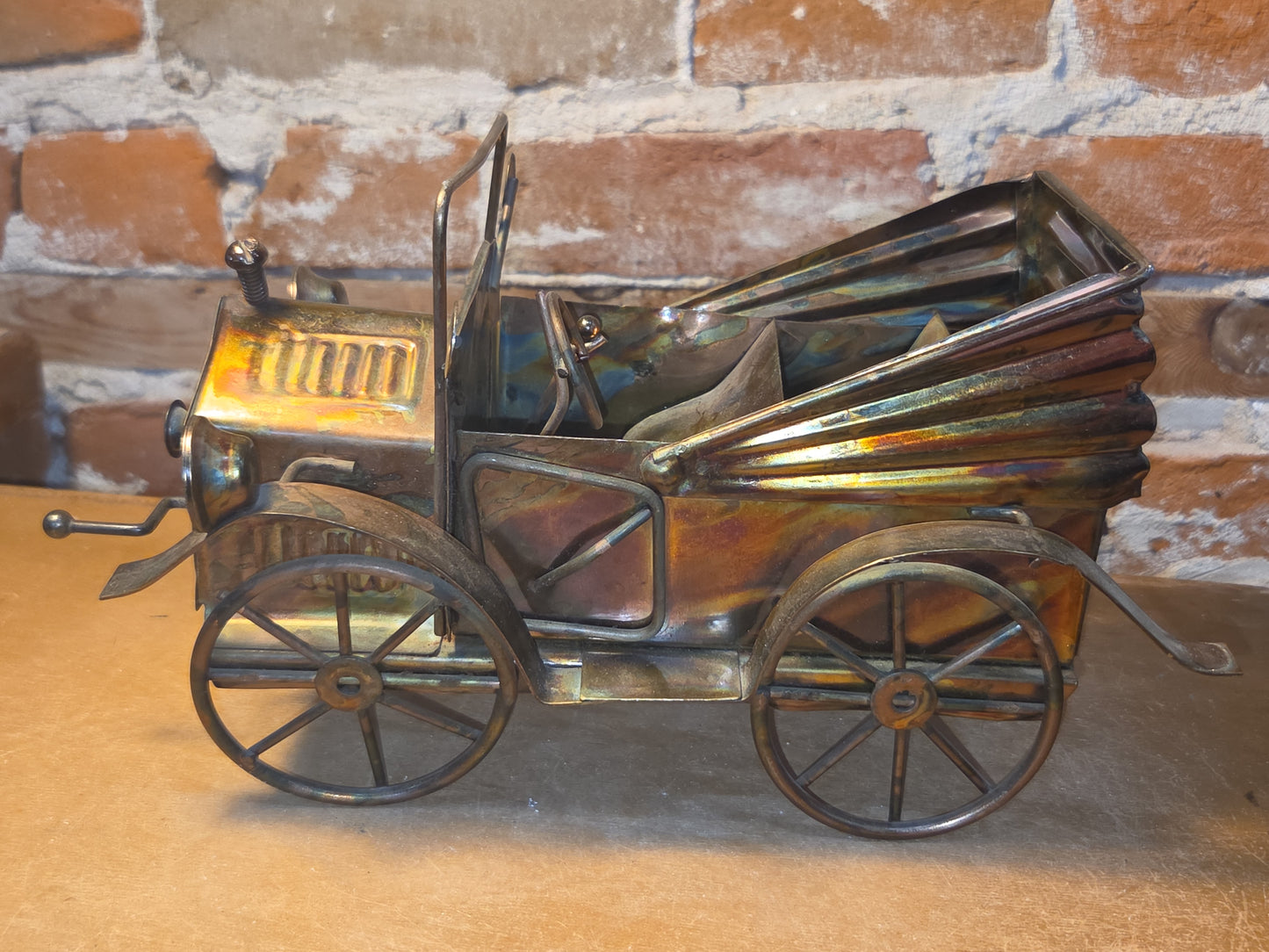 Vintage Copper Tin Jalopy Wind Up Music Box King of the Road Hong Kong car41